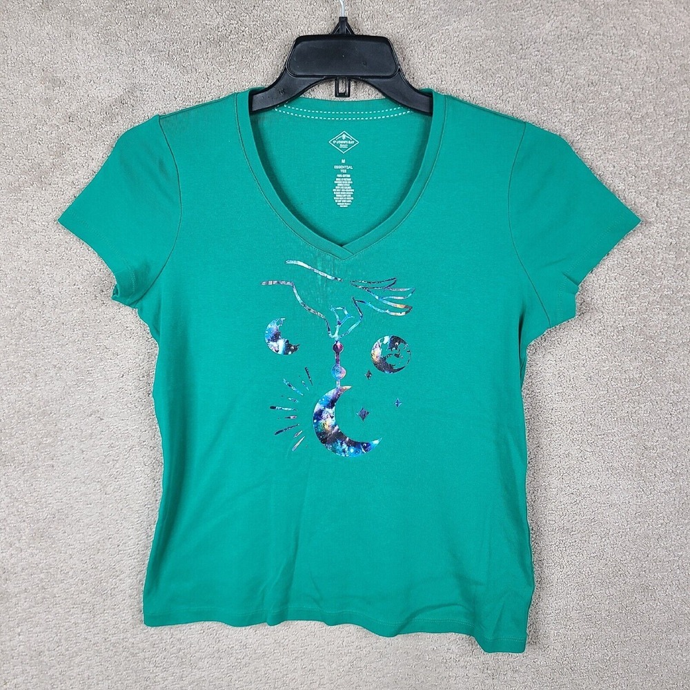 St Johns Bay Shirt Womens Medium Green V‎ Neck Short Sleeve Tee Graphic Cotton